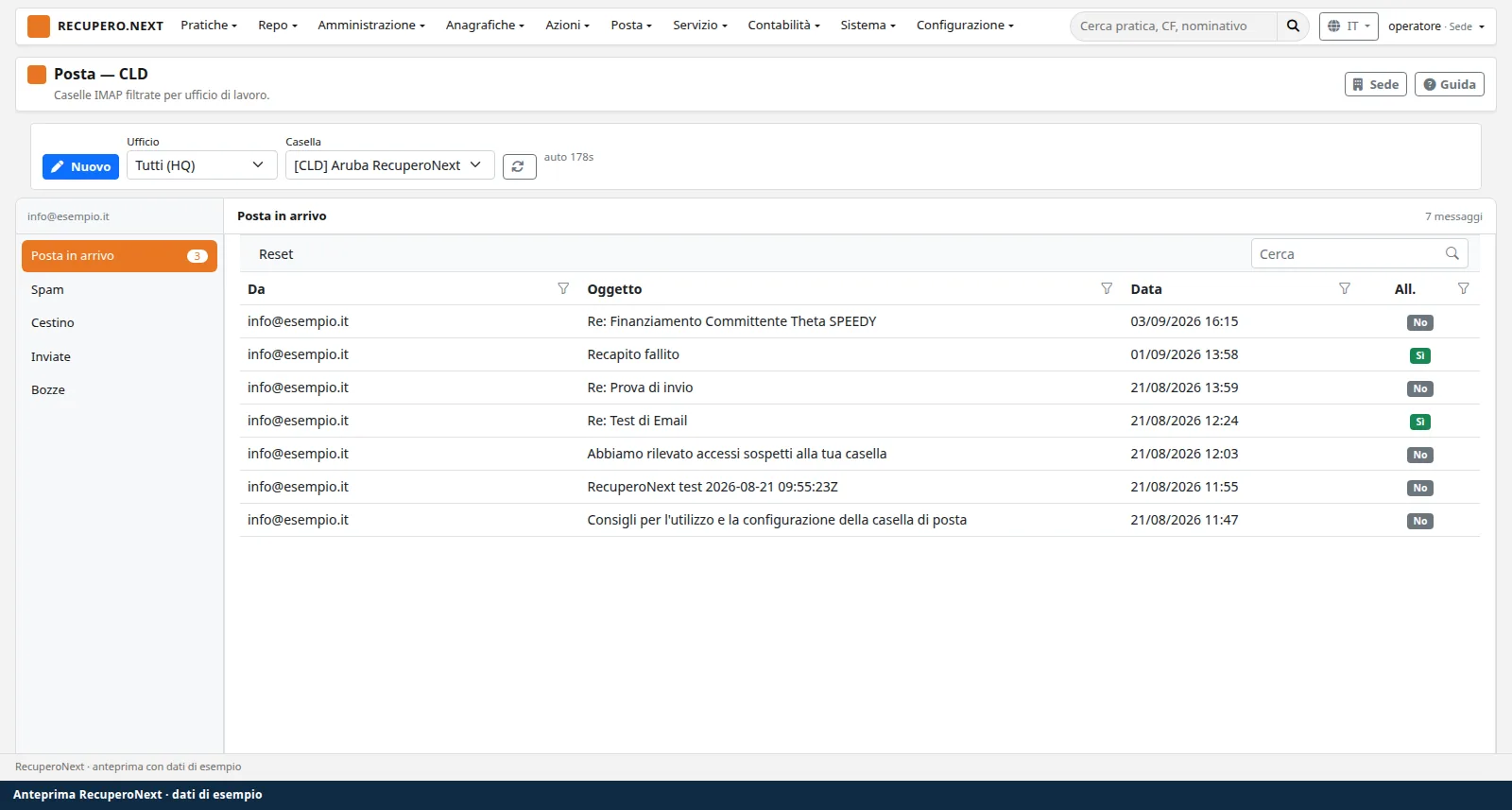 Client di posta RecuperoNext: inbox IMAP, cartelle, colonna allegati